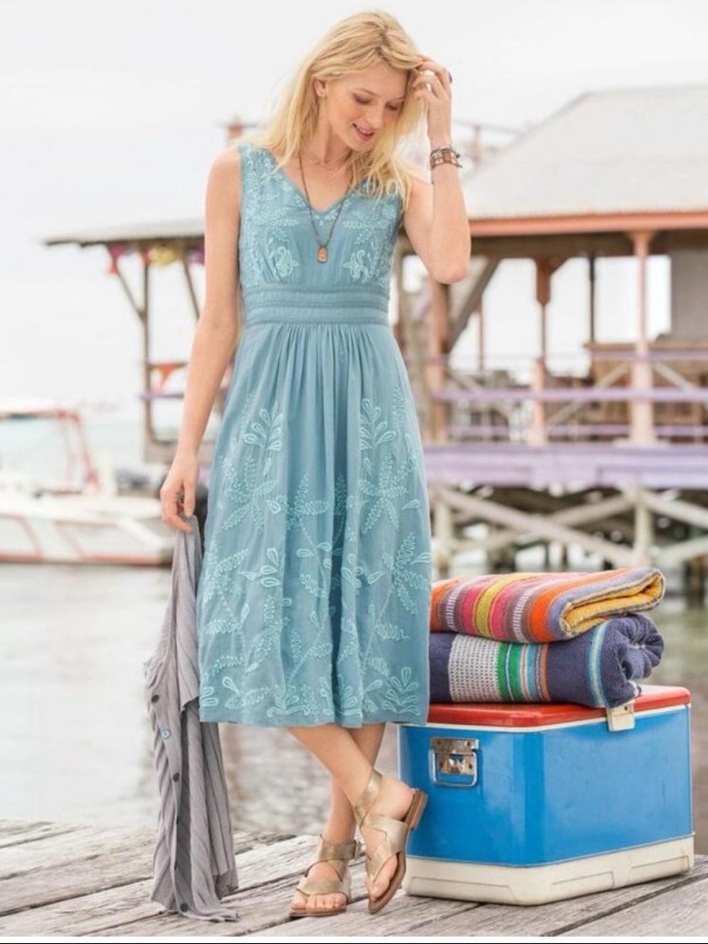 Sundance Embroidered Lace Sz8 V-Neck Midi Boho Feminine Floral Blue 100% Cotton